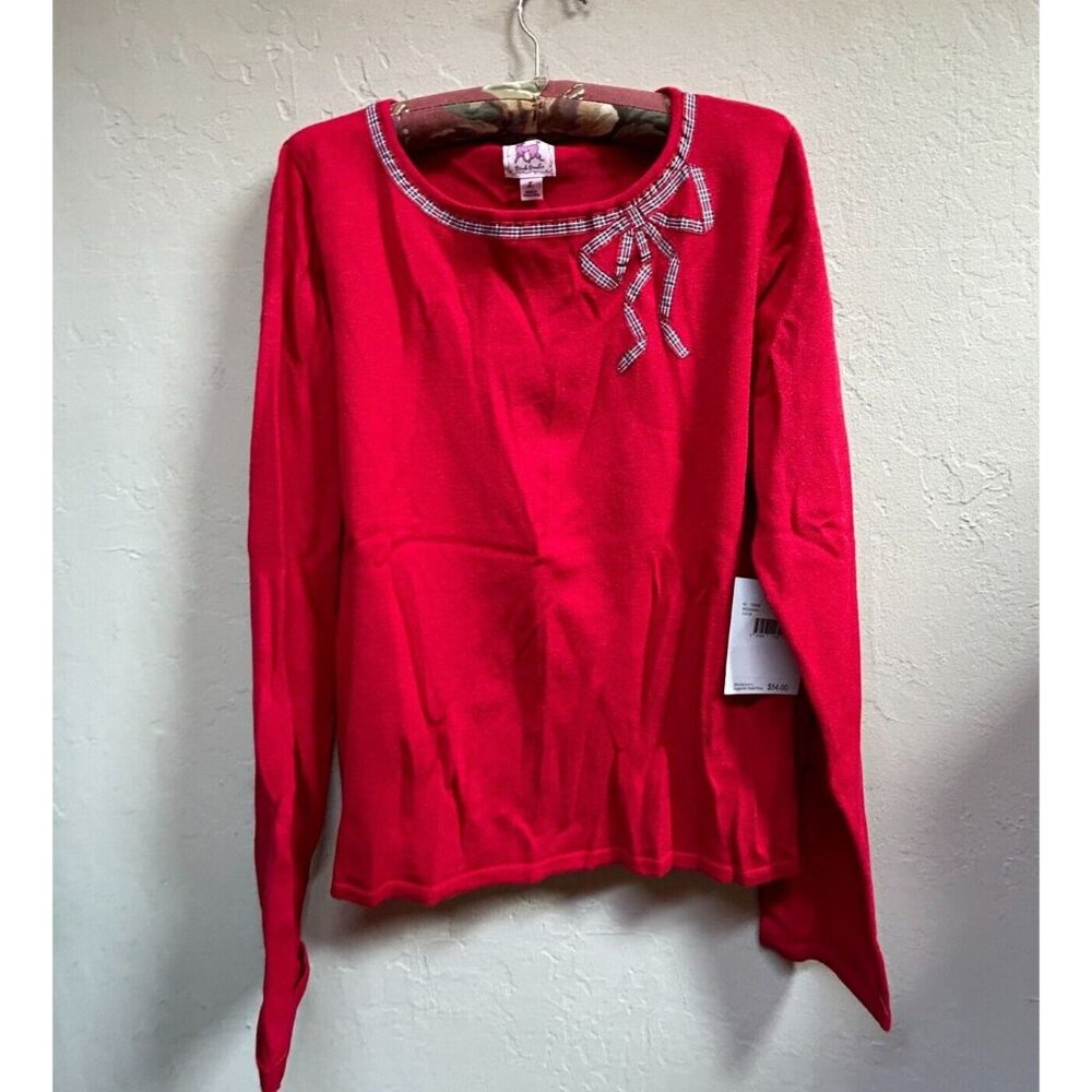 New Pink Poodle Women's Large Red Knit Pullover Sweater Embroidered Plaid Bow